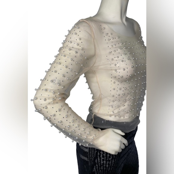 FASHION CLASSIC COLLECTION Nude Sheer Mesh See Through Pearl Diamond Crop Top, L - Picture 12 of 16